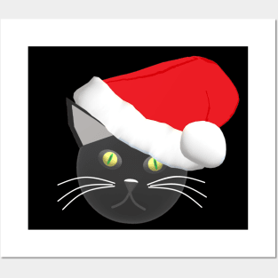 Christmas Kitty Cat Wearing a Santa Hat (Black Background) Posters and Art